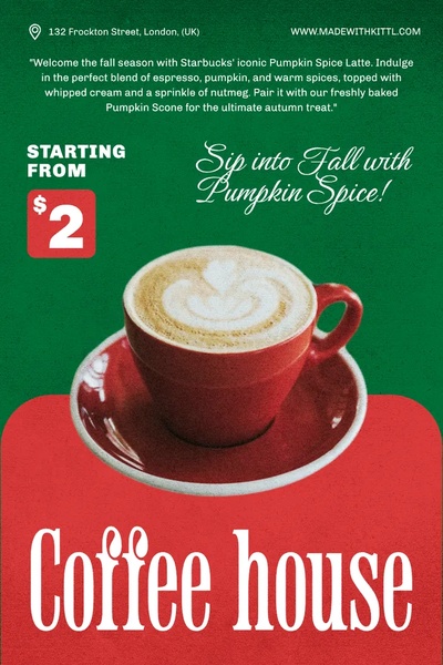 pumpkin spice latte, seasonal coffee drink, flavored latte, fall coffee, spiced coffee drink, autumn latte, coffee beverage, sale promotion, minimalist, warm, green, red